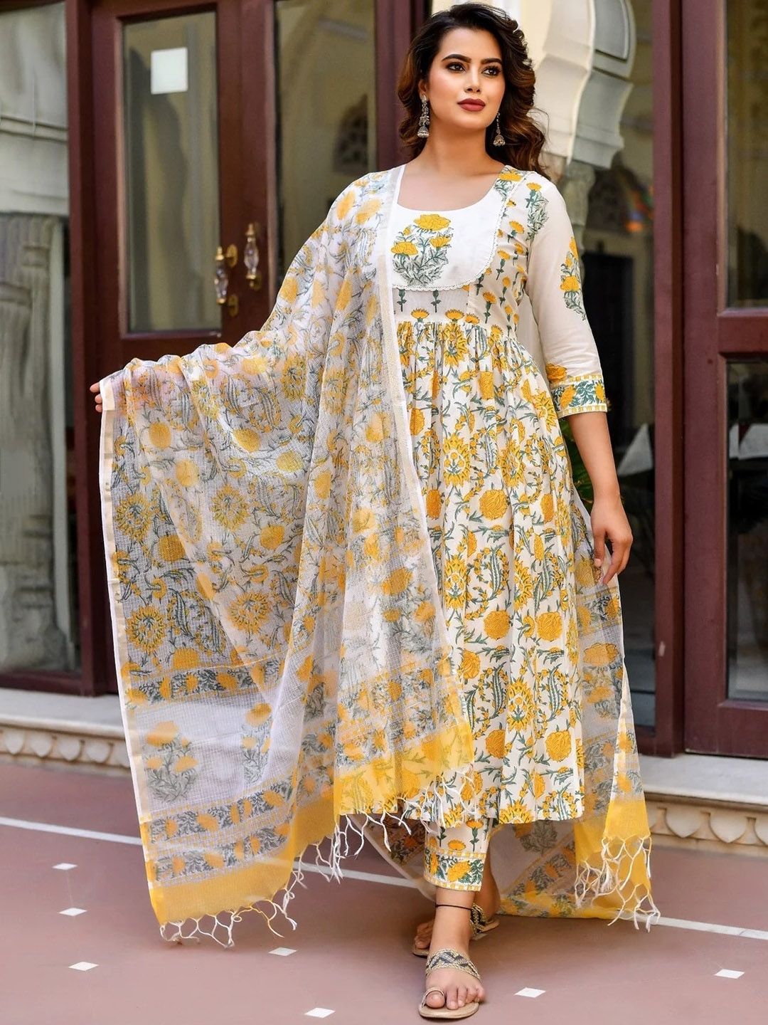 KALINI Floral Printed Empire Anarkali  Kurta with Trousers & Dupatta