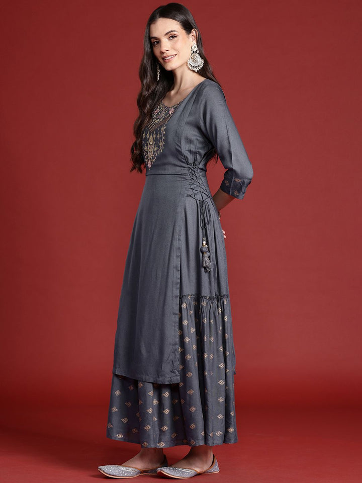 Anouk Ethnic Printed Yoke Embroidered Layered Kurta with Dupatta
