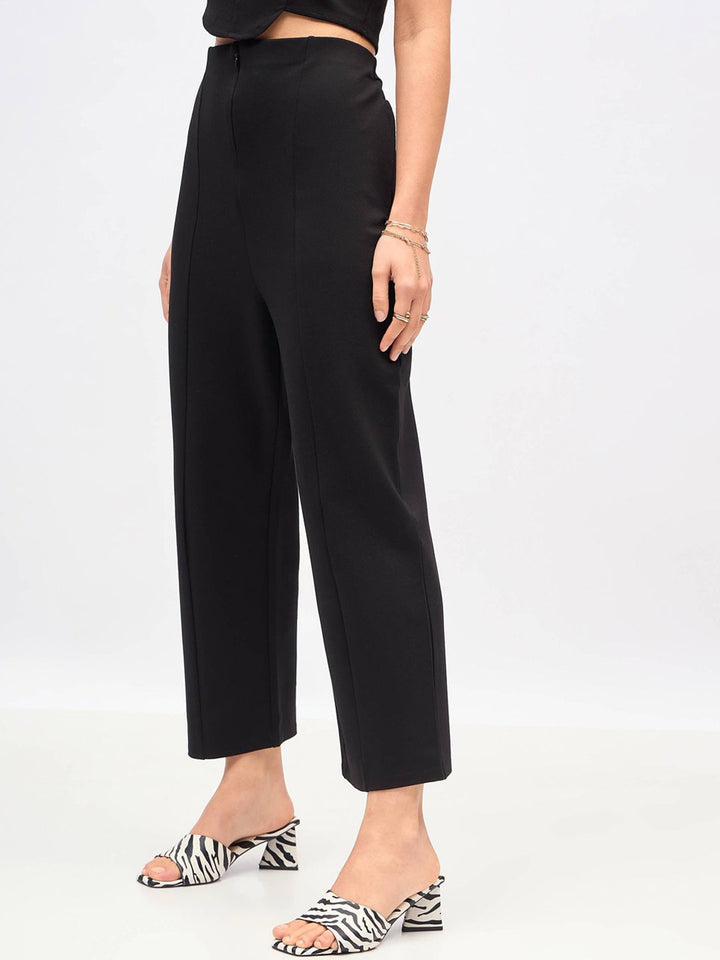 SASSAFRAS Women Black Straight Fit High-Rise Trousers