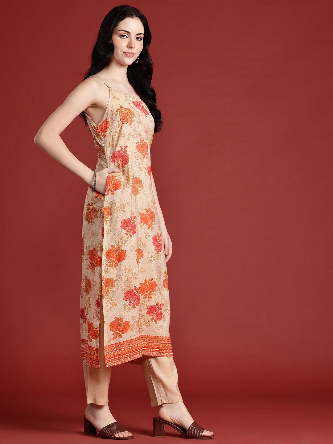 Anouk Floral Printed Shoulder Straps Straight Kurta with Trousers