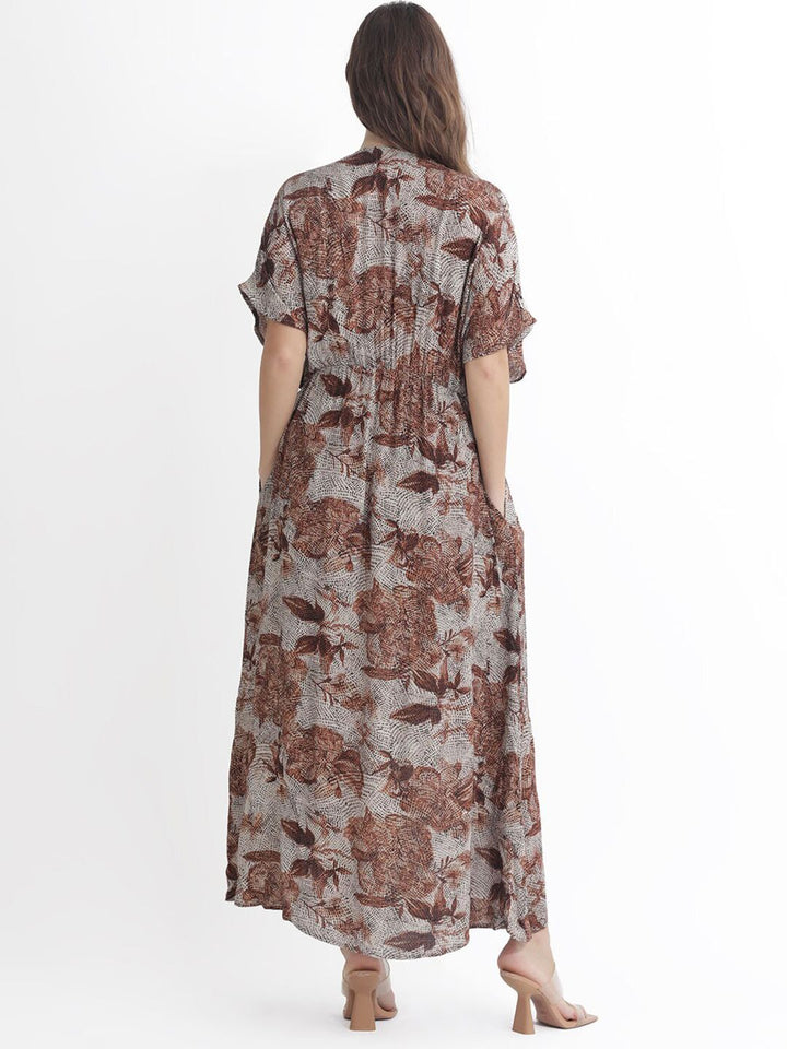 Rareism Abstract Printed V-Neck Fit and Flare Maxi Dress