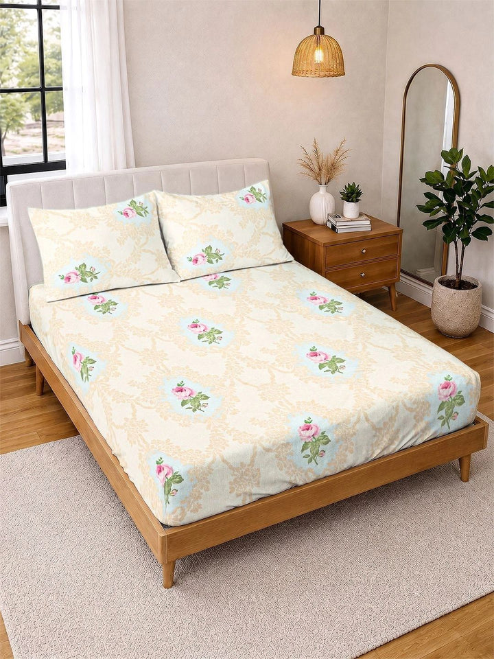 Myntra Elegant Homes Cream-Coloured & Pink Floral 300 TC King Bedsheet with 2 Pillow Covers