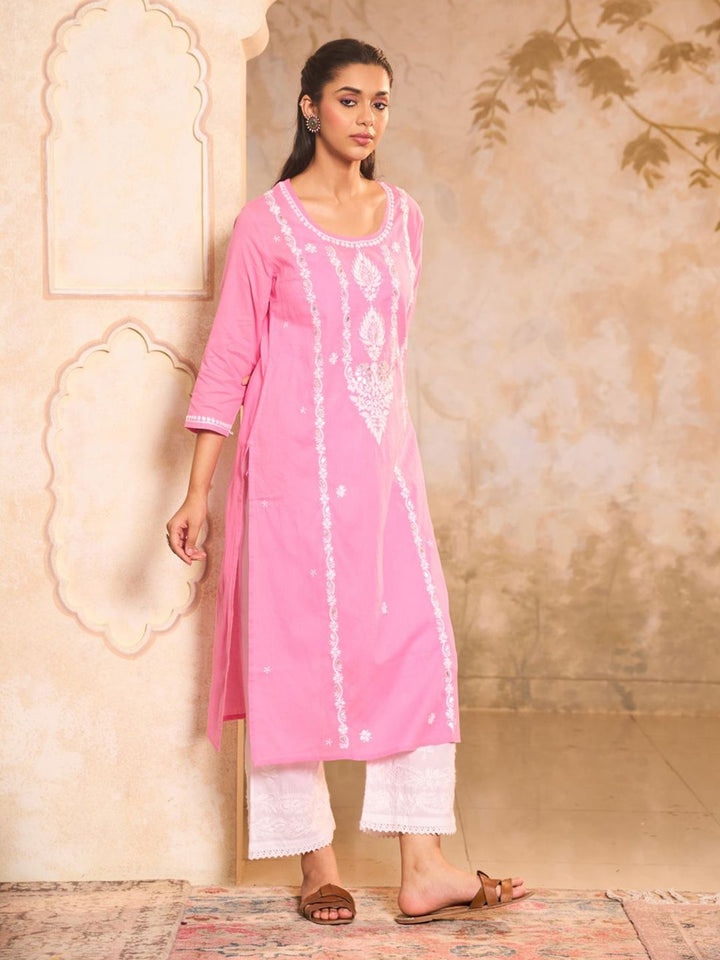House of Chikankari Women Pink Cotton Chikankari Embroidered Kurta