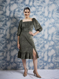 Athena Olive Green Square Neck Puff Sleeves Gathered Detailed Midi Sheath Dress