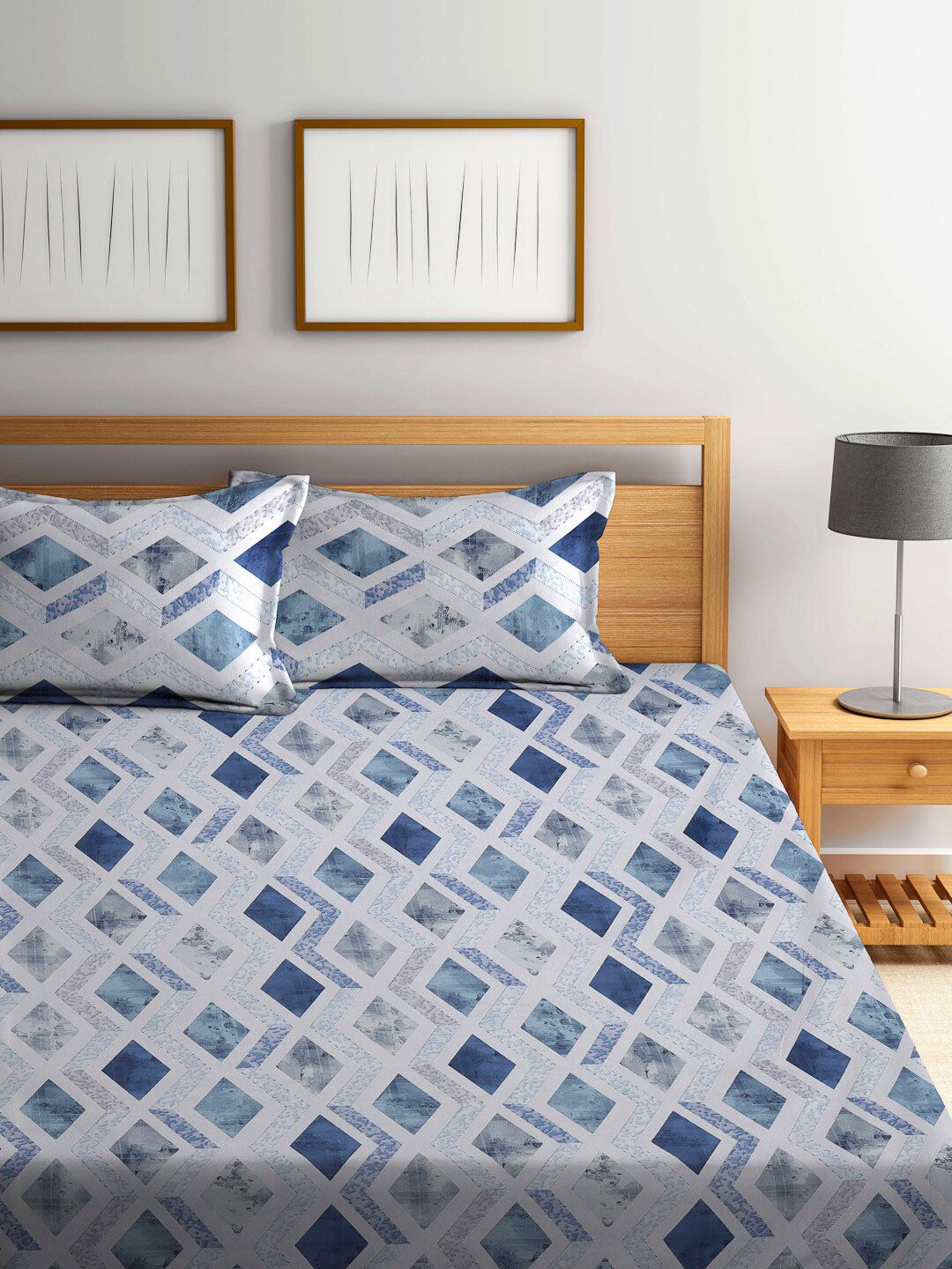 KLOTTHE Blue Floral Printed Dilengkapi 400 TC Kapas Cadar King & 2 Sarung Bantal