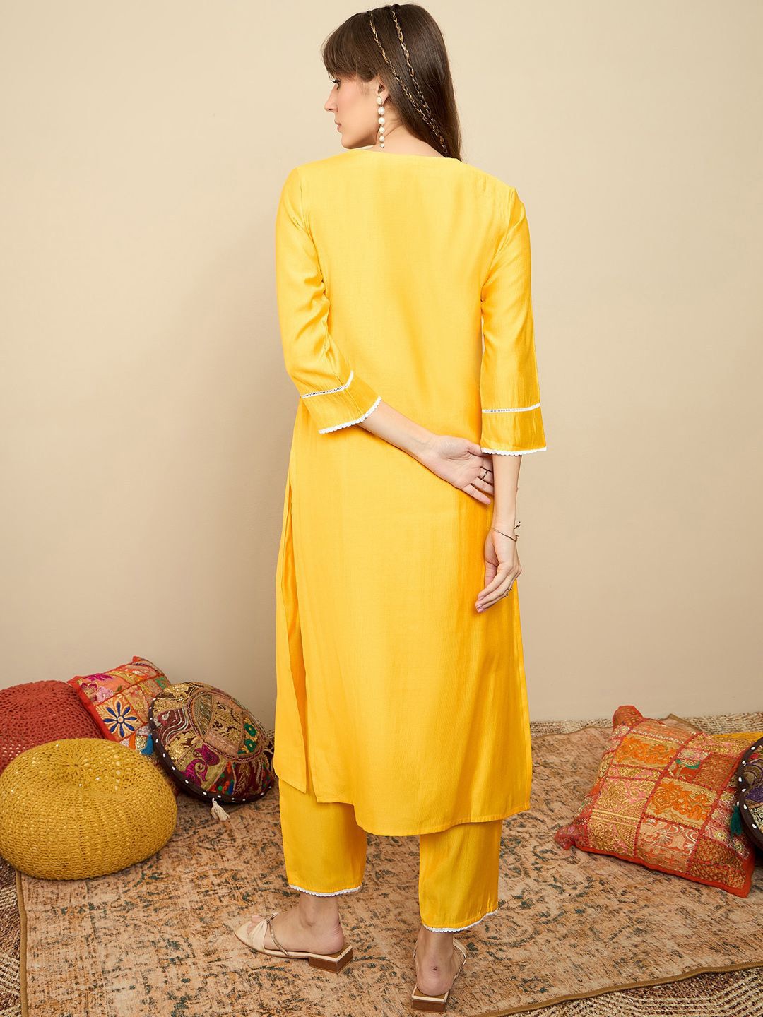 Indo Era Floral Embroidered Sequinned Liva Straight Kurta With Trousers