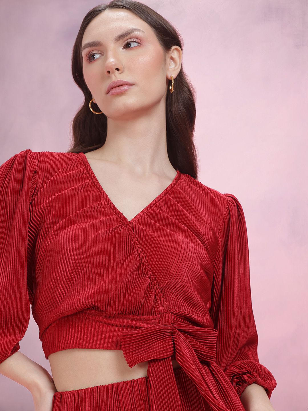 DressBerry Accordian Pleats Satin Puff Sleeves Crop Wrap Top with Trousers