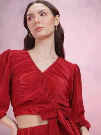 DressBerry Accordian Pleats Satin Puff Sleeves Crop Wrap Top with Trousers