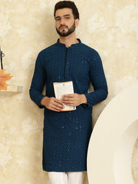 SOJANYA Embroidered Sequinned Mandarin Collar Pure Cotton Kurta
