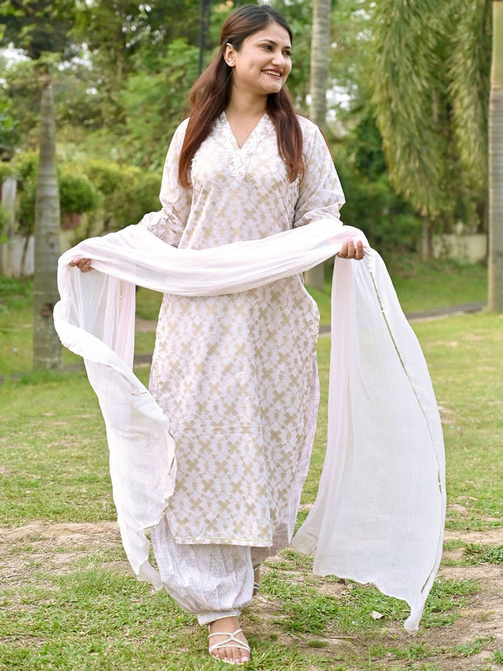 Libas Women Pink & Gold-Toned Ethnic Printed Pure Cotton Kurta with Salwar & With Dupatta
