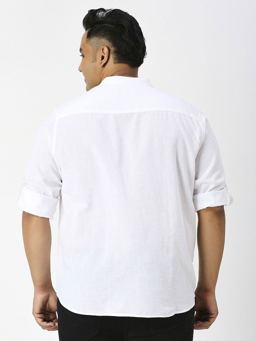 Thomas Scott Plus Size Premium Mandarin Collar Roll-Up Sleeves Cotton Linen Casual Shirt