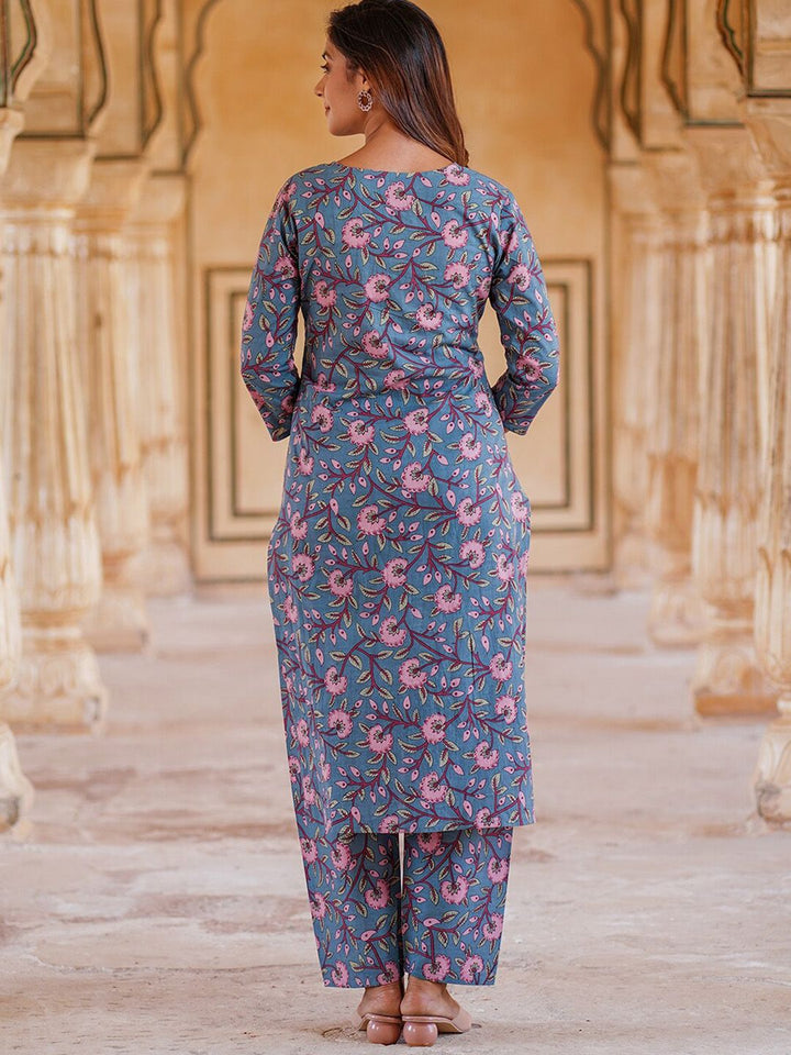 KALINI Floral Printed Regular Pure Cotton Kurta with Trousers & Dupatta