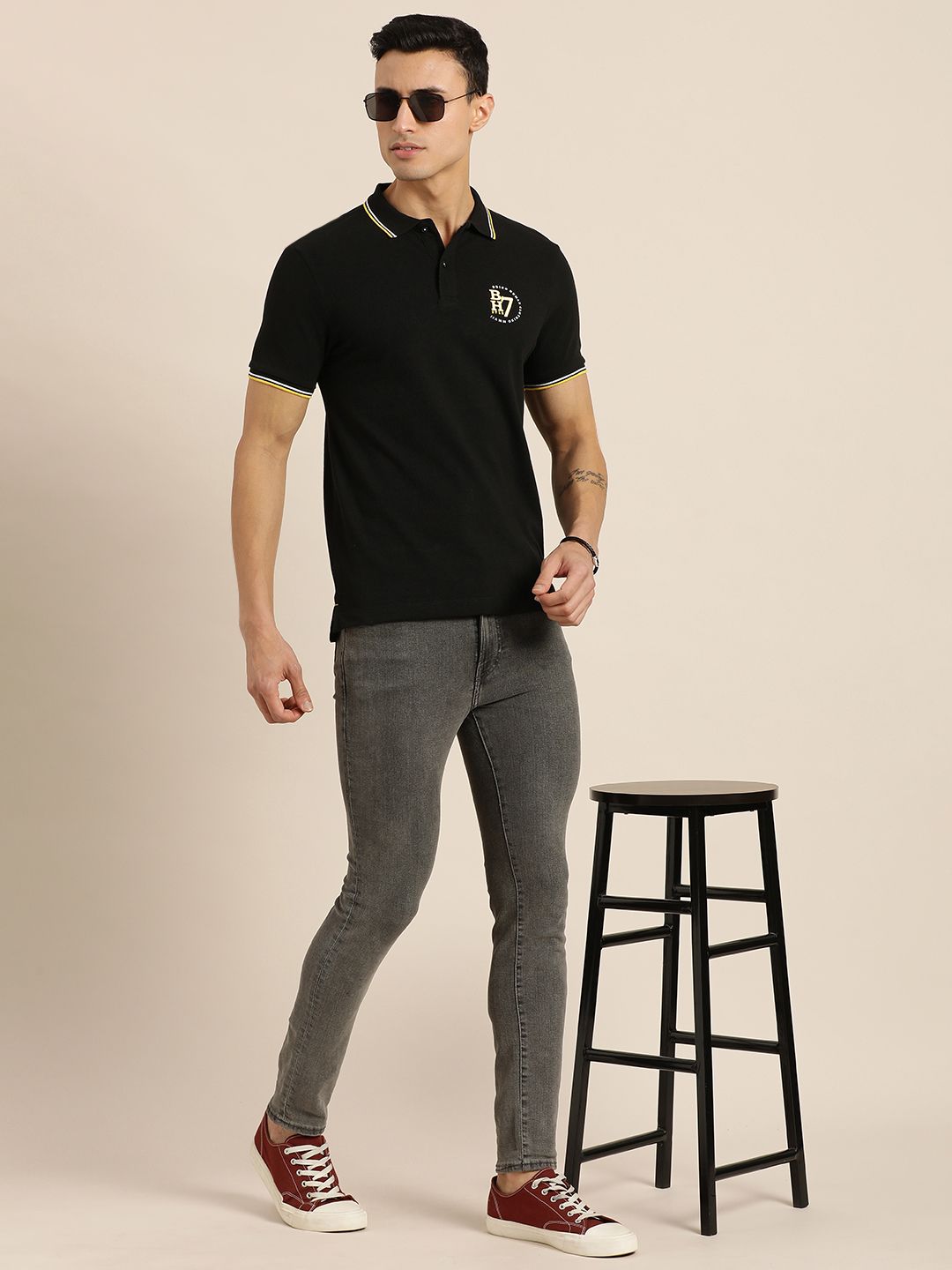Menjadi T-shirt Lelaki Polo Kolar Polo Hitam Kapas Tumpahan T-shirt Kapas Slim Dengan Cetakan Logo Jenama