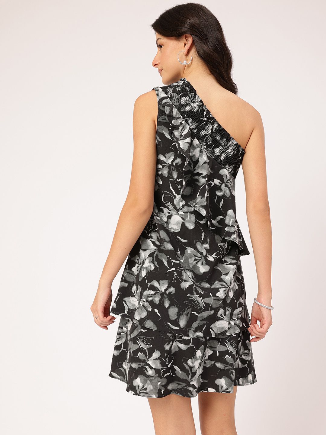 DressBerry Confident Cutie Floral Printed One-Shoulder Monochrome Layered Mini Dress