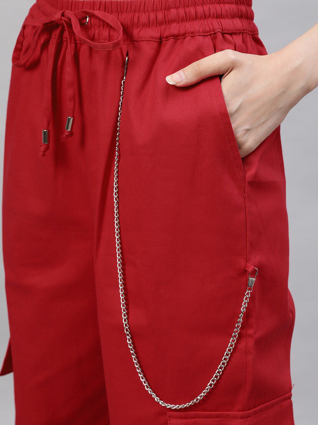 STREET 9 Women Pure Cotton Red Twill Cargo With Chain