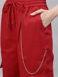 STREET 9 Women Pure Cotton Red Twill Cargo With Chain