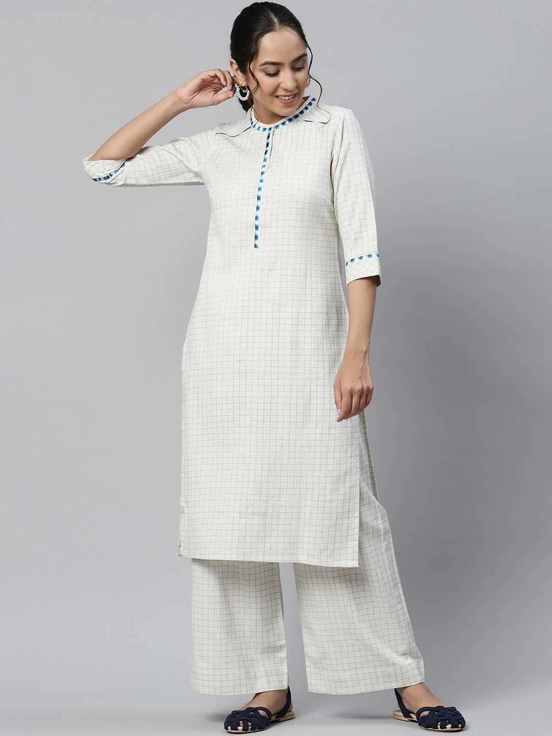 Aurelia Women Off White Geometric Print Cotton Blend Kurta Set with Palazzos