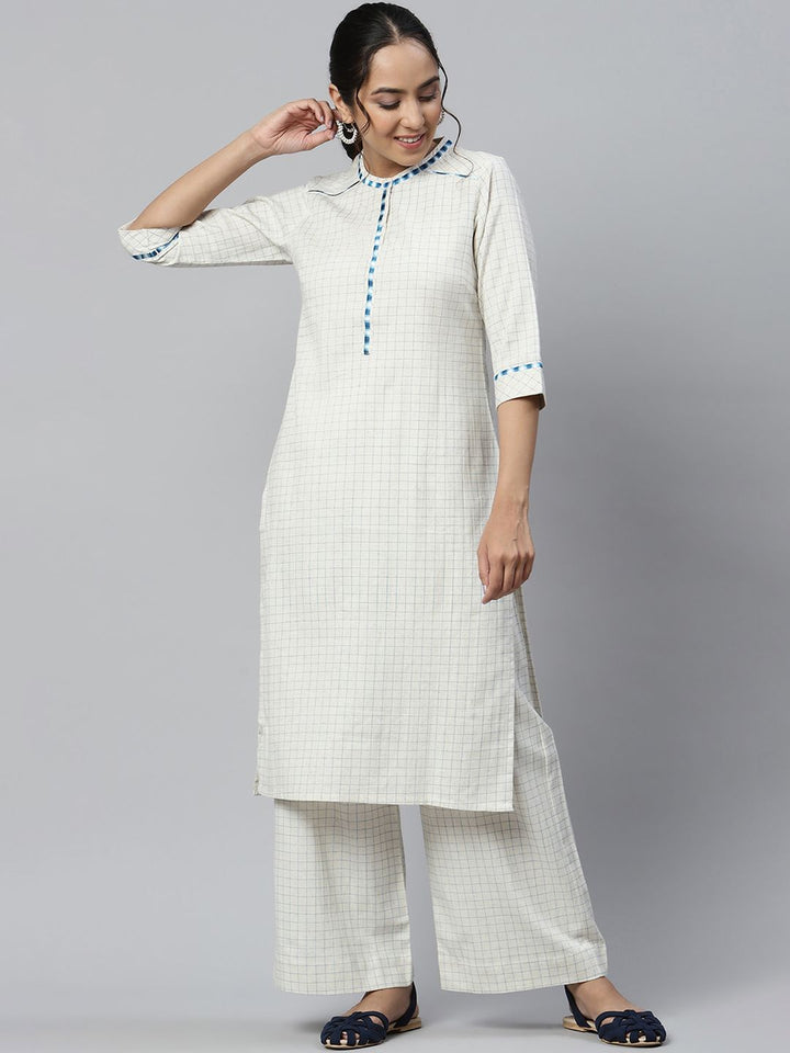 Aurelia Women Off White Geometric Print Cotton Blend Kurta Set with Palazzos