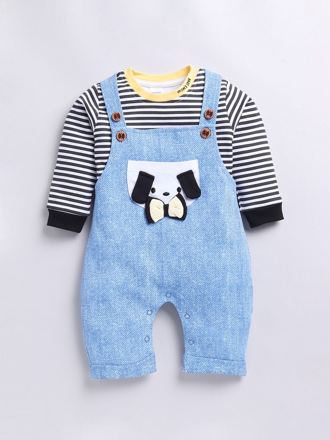 Moms Love Infants Boys Pure Cotton Dungaree With Striped T-Shirt