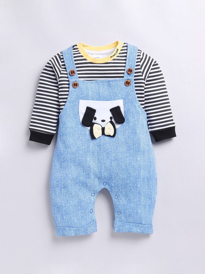 Moms Love Infants Boys Pure Cotton Dungaree With Striped T-Shirt