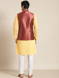 SOJANYA Kurta Kapas Tulen Chikankari Kuning Lelaki dengan Jaket Churidar & Nehru
