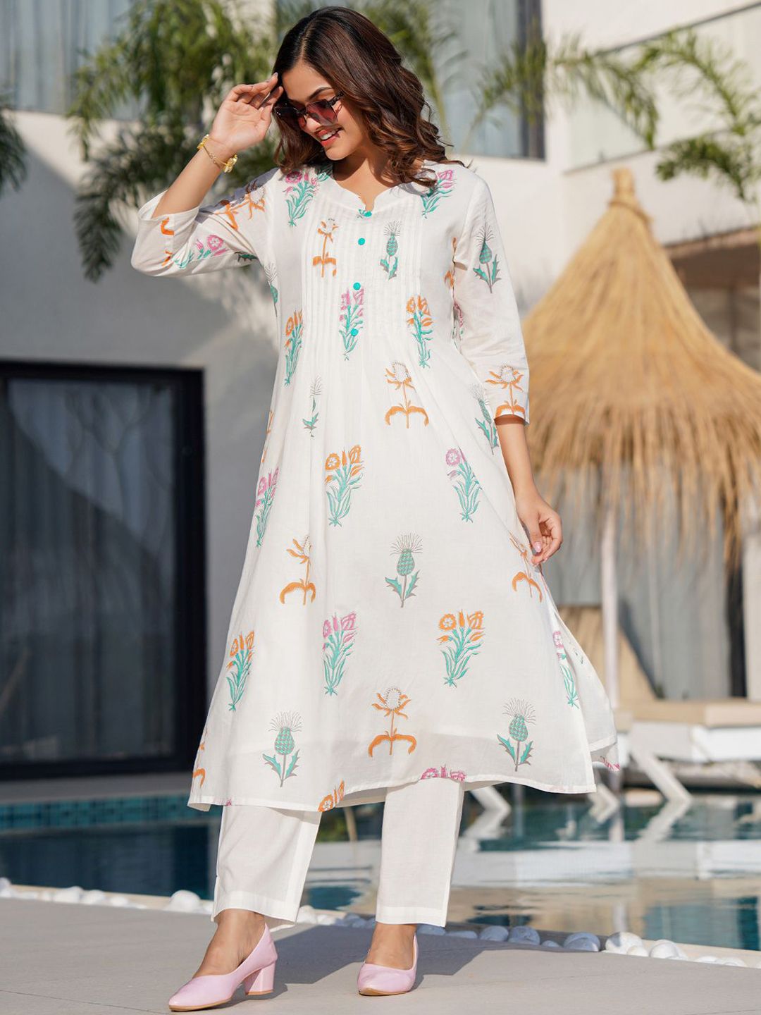 Indo Era Floral Printed Pure Cotton A-Line Kurta with Trousers