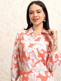 Vishudh Coral Pink Floral Printed Pure Cotton Longline Shirt With Palazzos