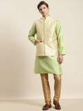 SOJANYA Men Green Striped Kurta with Churidar & Nehru Jacket