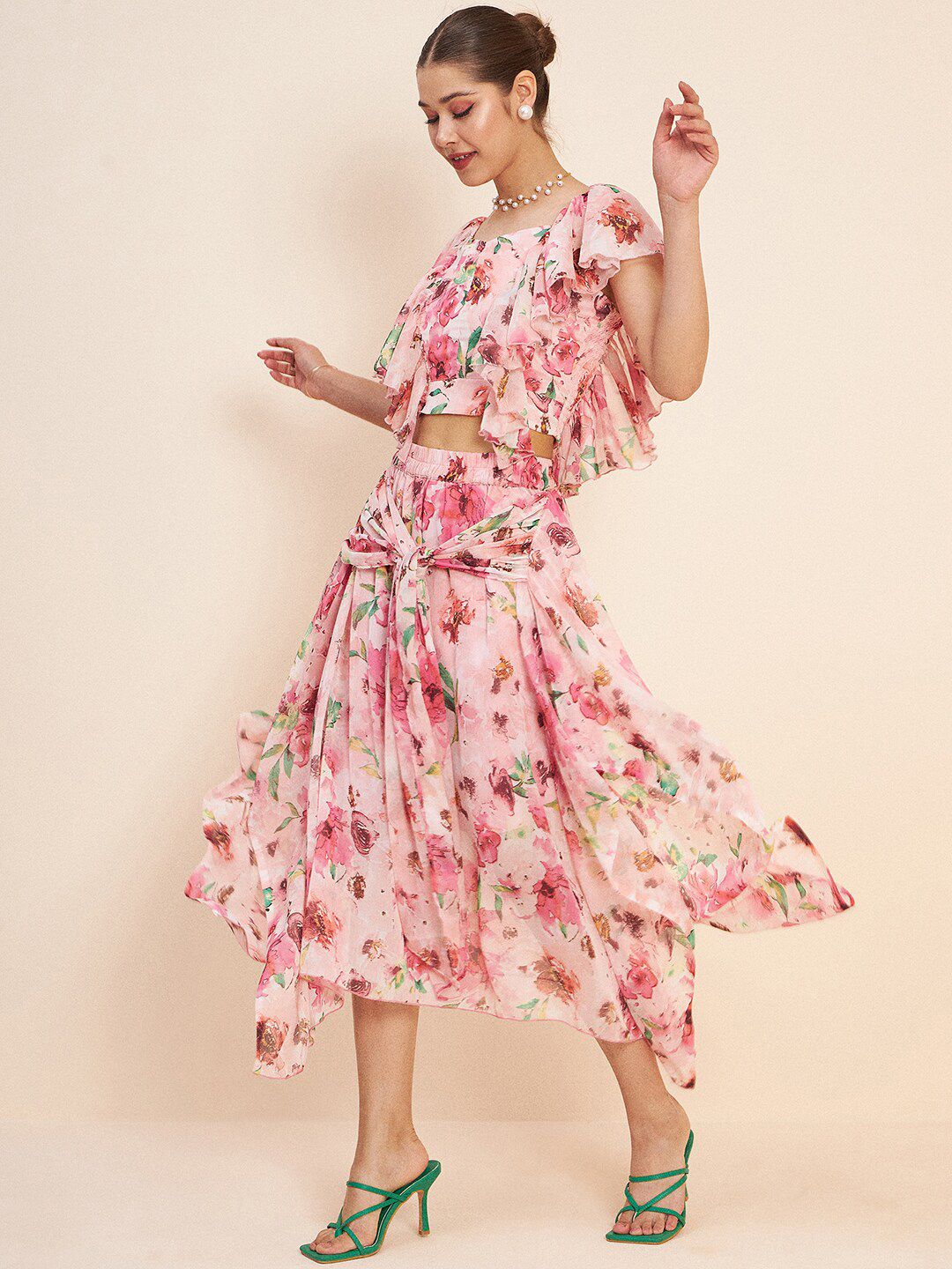 Antheaa Floral Printed Ruffled Crop Top & Skirt
