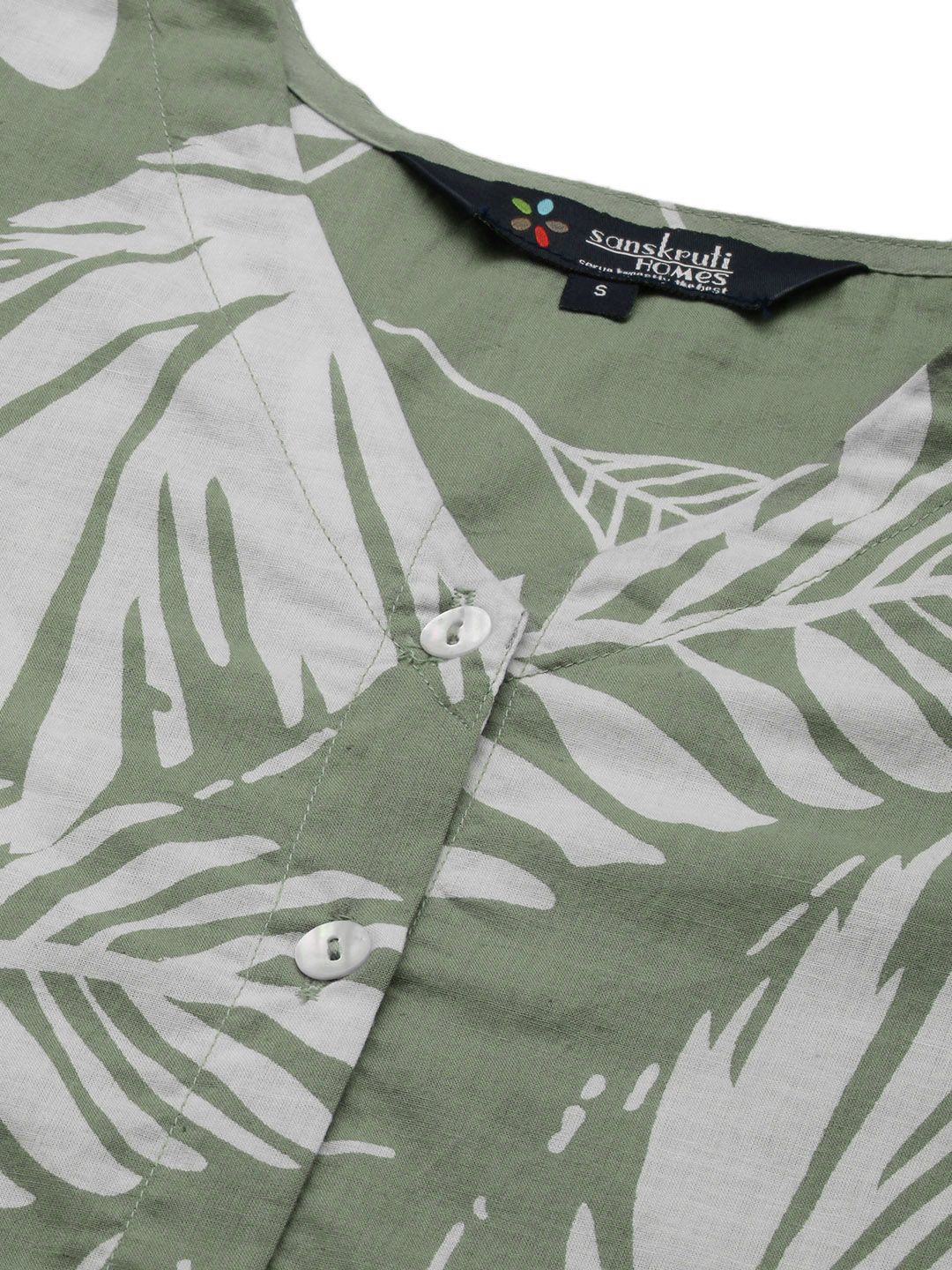 SANSKRUTIHOMES Women Green & White Pure Cotton Printed Shorts Set