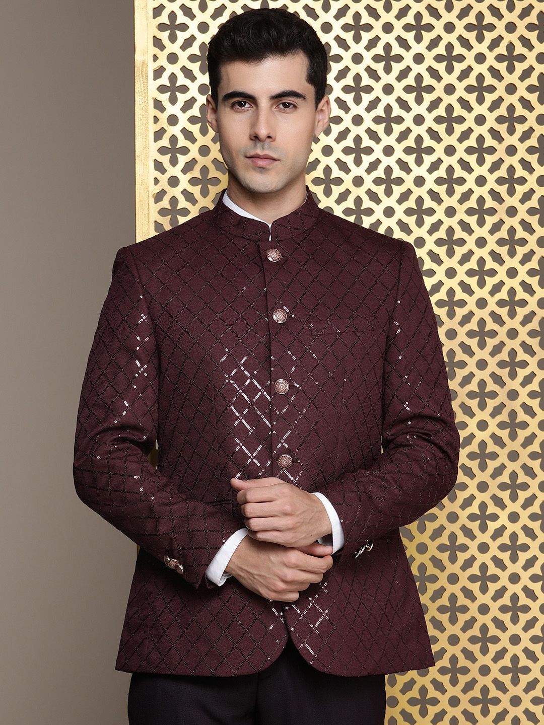 House of Pataudi Jashn Mandarin Collar Textured Sequinned Bandhgala Blazer