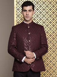 House of Pataudi Jashn Mandarin Collar Textured Sequinned Bandhgala Blazer