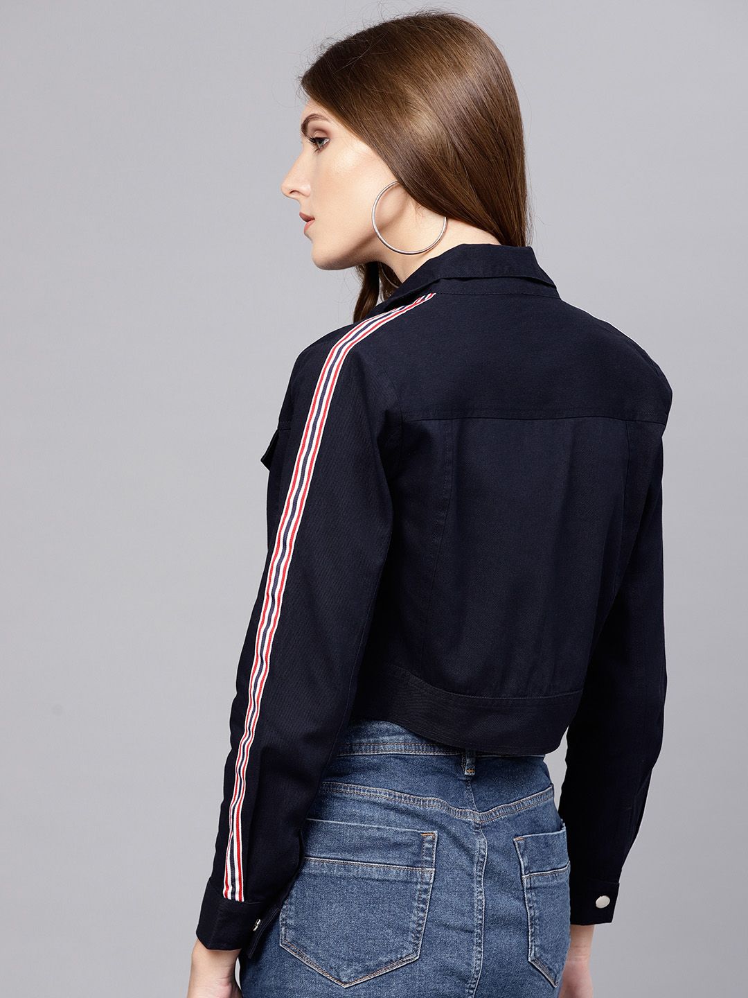 STREET 9 Women Navy Blue Solid Crop Jacket