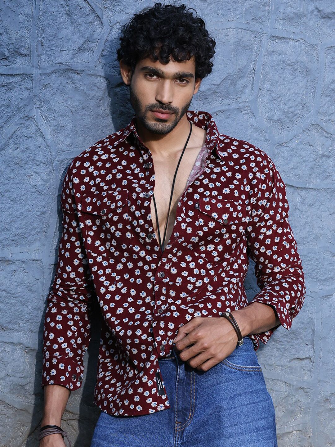 Thomas Scott Standard Slim Fit Floral Printed Pure Cotton Corduroy Casual Shirt
