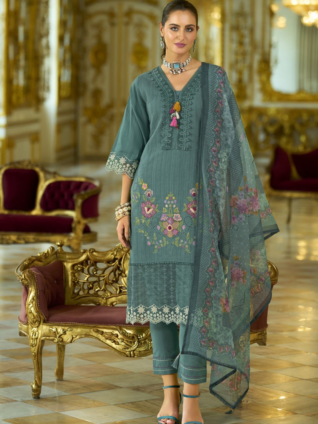 Varanga Floral Embroidered V-Neck Thread Work Pure Cotton Kurta With Trousers And Dupatta