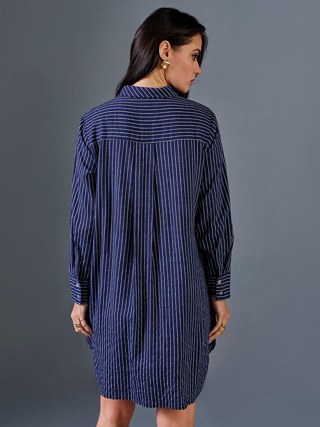 AND Striped Shirt Collar Linen Shirt Dress