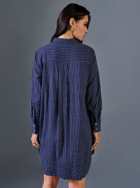 AND Striped Shirt Collar Linen Shirt Dress