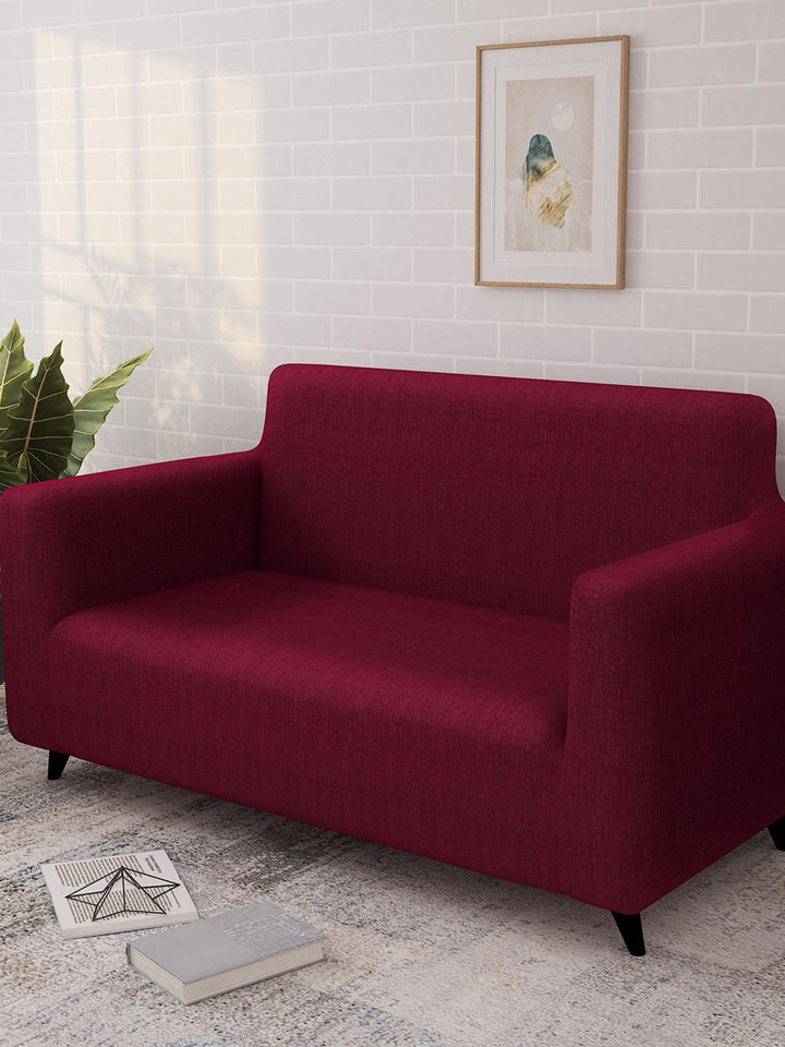 Story@home Maroon Printed 2 Seater Stretchable Sofa Cover With Arms