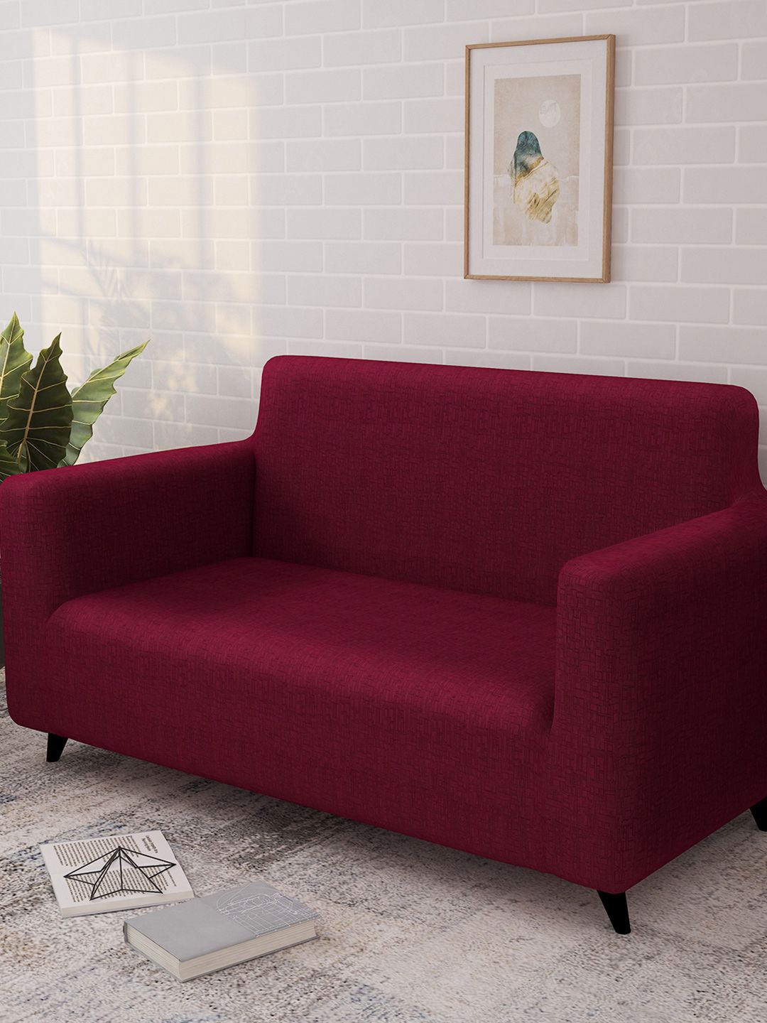 Story@home Maroon Printed 2 Seater Stretchable Sofa Cover With Arms