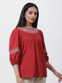 W Embroidered Puffed Sleeves Top