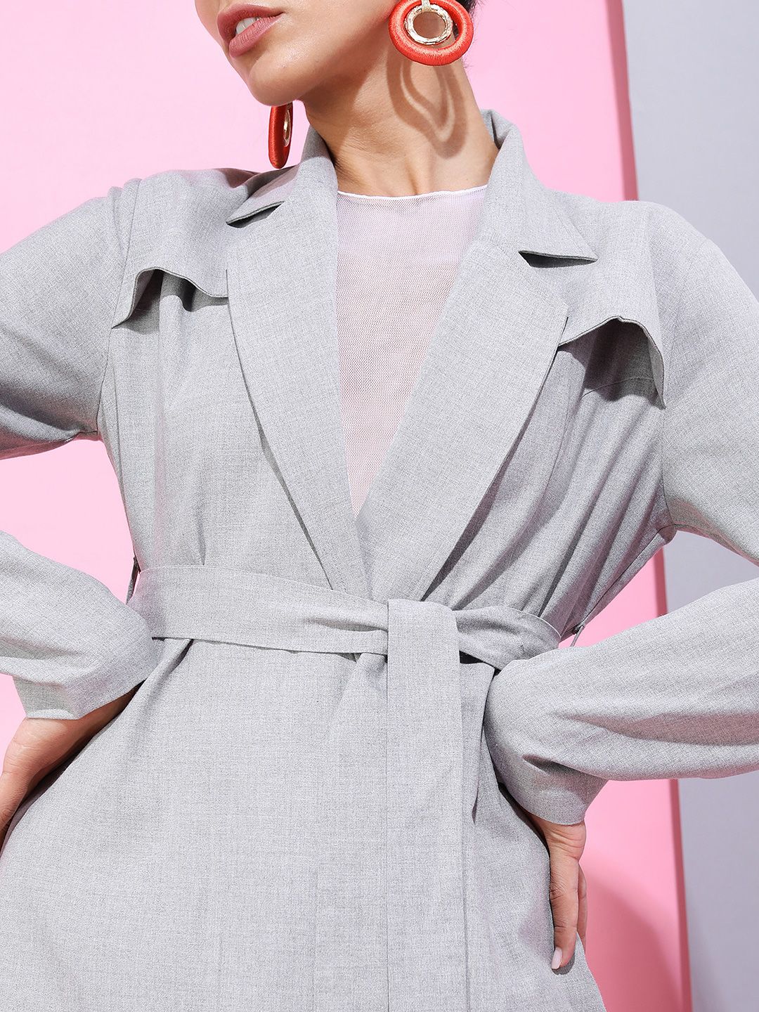 Tokyo Talkies Women Grey Solid Longline Trench Coat