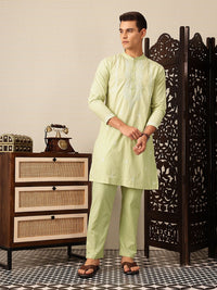 House of Pataudi Hand embroidered chikankari pure cotton Jashn kurta paired with matching pyjama trousers