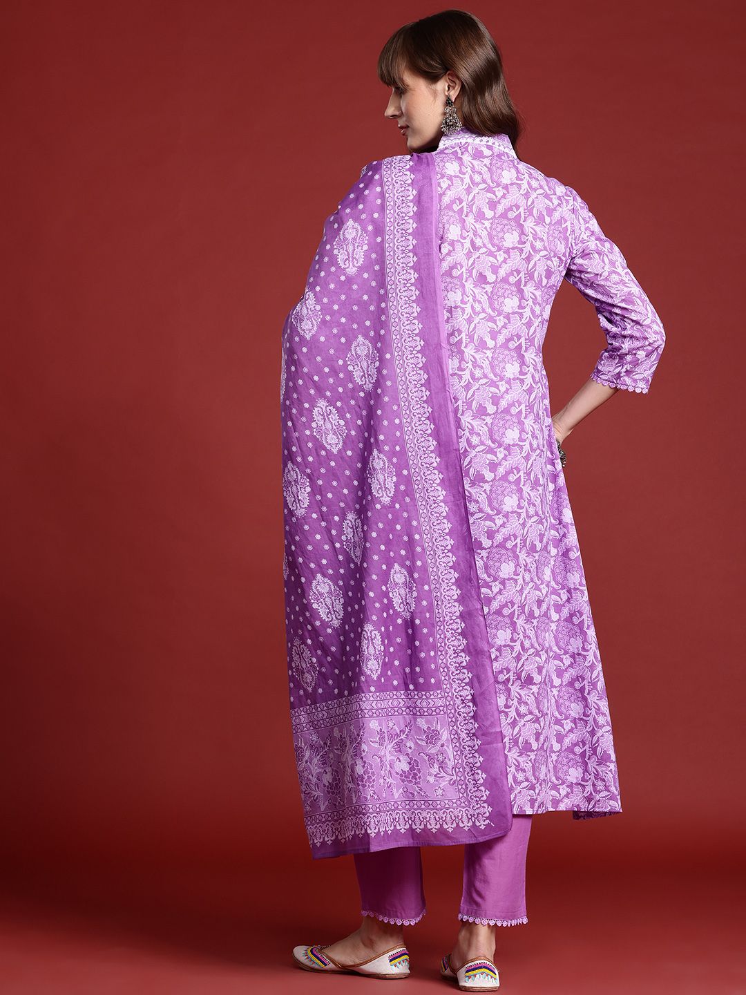Indo Era Floral Printed Pleated Pure Cotton Kurta With Trousers & Dupatta