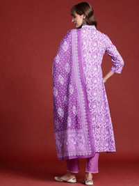 Indo Era Floral Printed Pleated Pure Cotton Kurta With Trousers & Dupatta