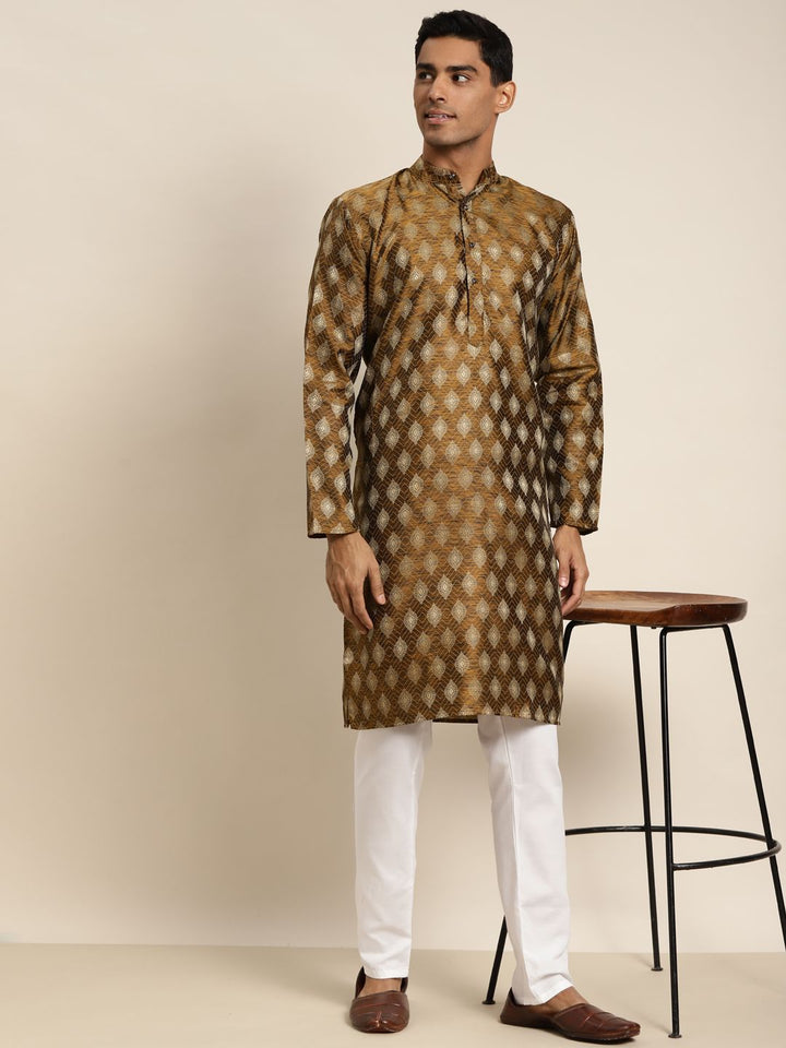 SOJANYA Lelaki Mustard Yellow & Gold-Tona Jacquard Kurta