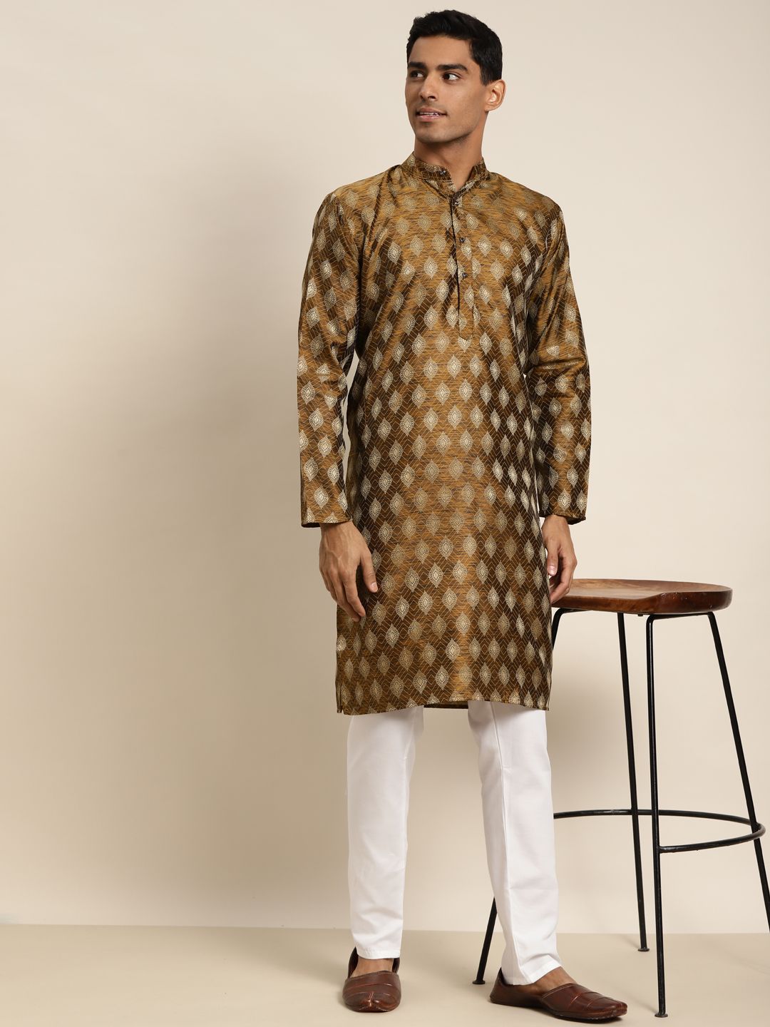 SOJANYA Lelaki Mustard Yellow & Gold-Tona Jacquard Kurta