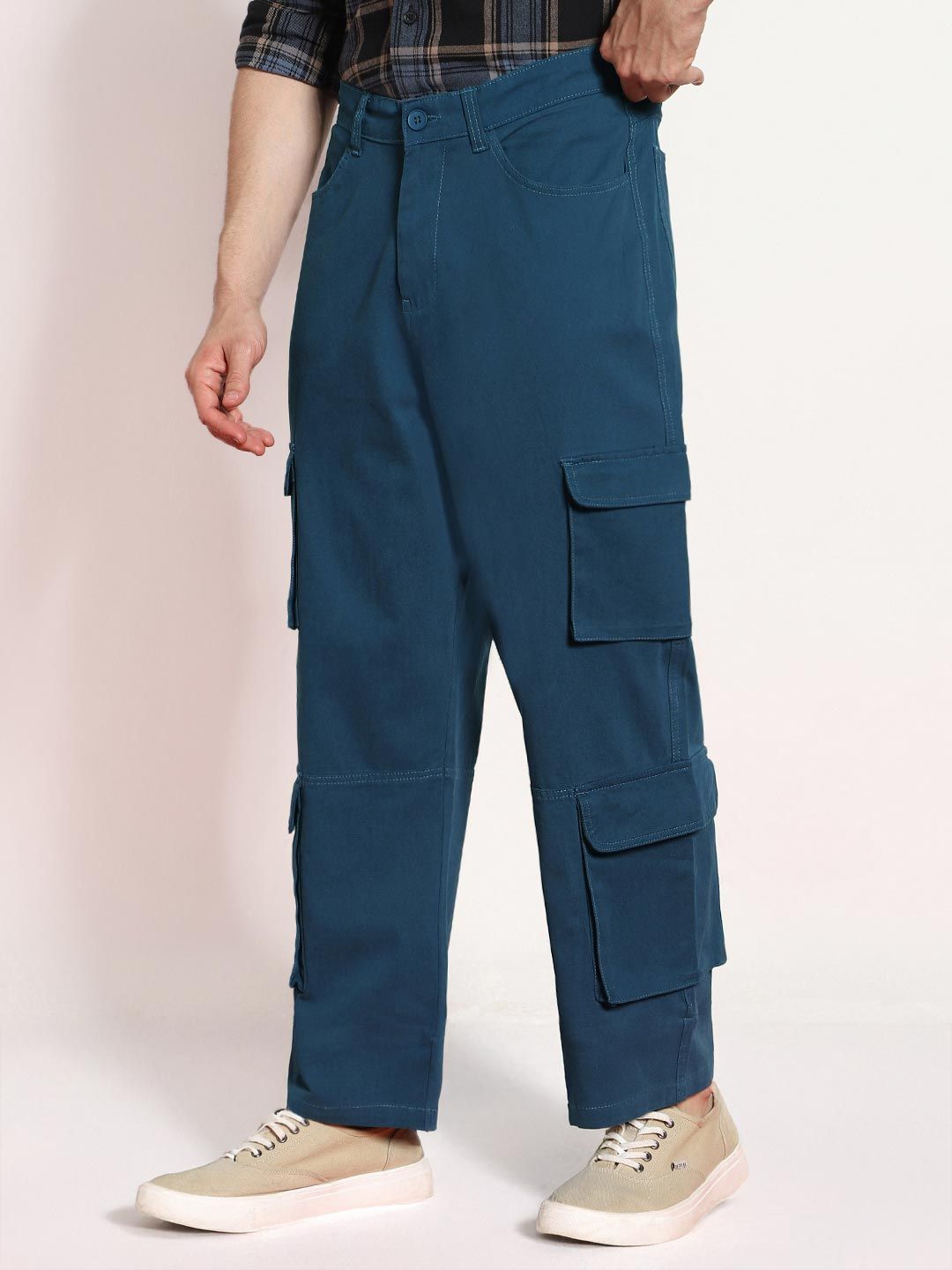 Urbano Fashion Men Denim Blue Stretchable Loose Fit Cargo Chino Pant with 8 Pockets