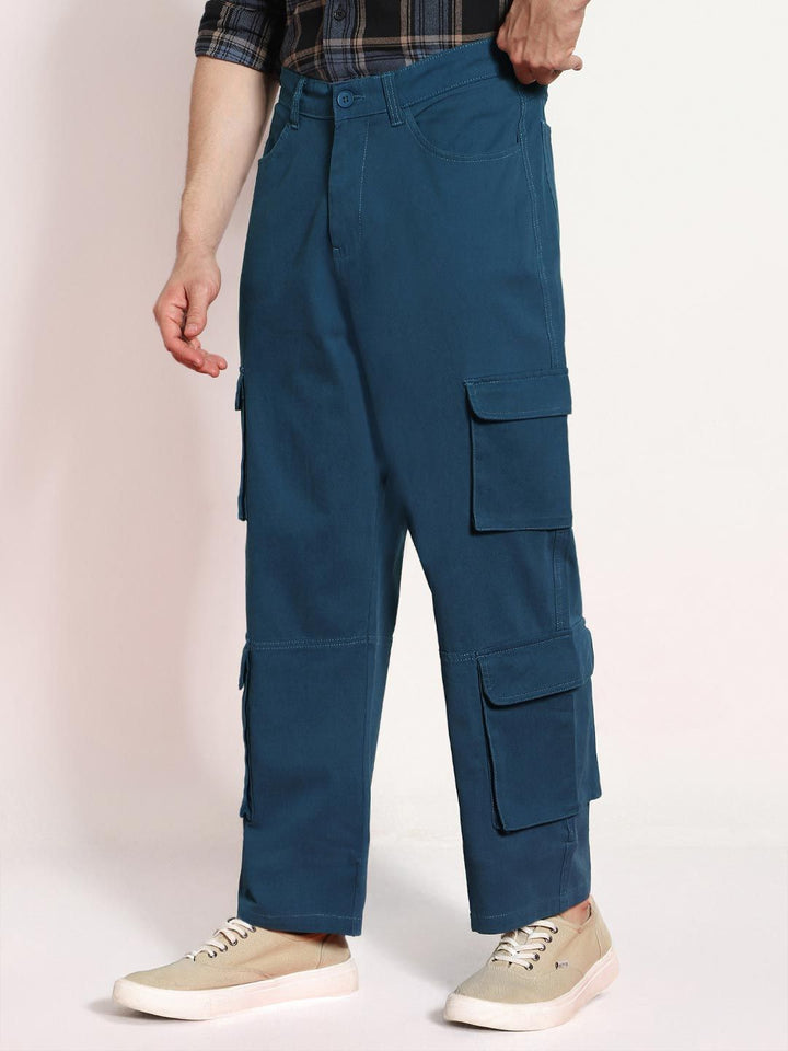 Urbano Fashion Men Denim Blue Stretchable Loose Fit Cargo Chino Pant with 8 Pockets