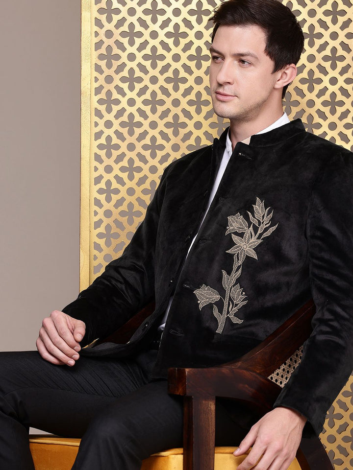 House of Pataudi Jashn Floral Zari Work Velvet Bandhgala Party Blazer