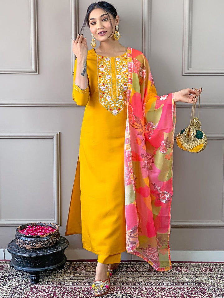 KALINI Floral Embroidered Straight Kurta With Trousers & Dupatta